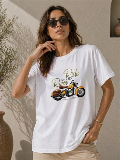 Motosiklet Baskılı Tişört Bisiklet Yaka Kısa Kol Yazlık T-Shirt - Beyaz