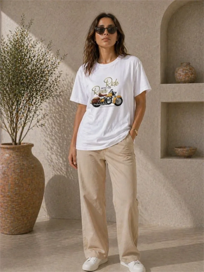 Motosiklet Baskılı Tişört Bisiklet Yaka Kısa Kol Yazlık T-Shirt - Beyaz