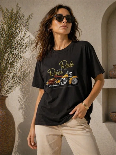 Motosiklet Baskılı Tişört Bisiklet Yaka Kısa Kol Yazlık T-Shirt - Siyah
