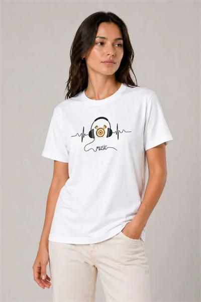 Müzik Temalı Baskılı Tişört Bisiklet Yaka Kısa Kol T-Shirt - Beyaz