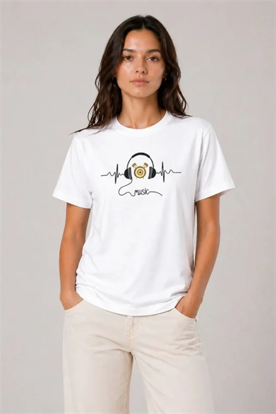 Müzik Temalı Baskılı Tişört Bisiklet Yaka Kısa Kol T-Shirt - Beyaz