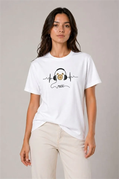 Müzik Temalı Baskılı Tişört Bisiklet Yaka Kısa Kol T-Shirt - Beyaz
