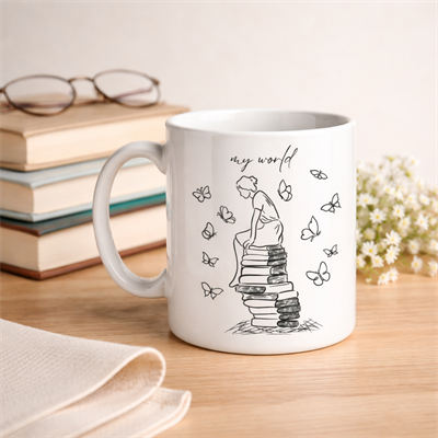 My World Kitap Temalı Tasarım Kupa Model 225 Minimal Baskılı Seramik Kahve Kupası