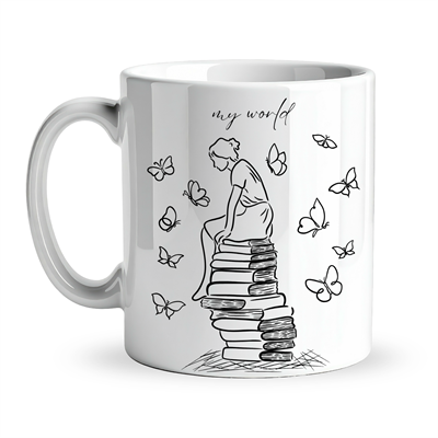 My World Kitap Temalı Tasarım Kupa Model 225 Minimal Baskılı Seramik Kahve Kupası