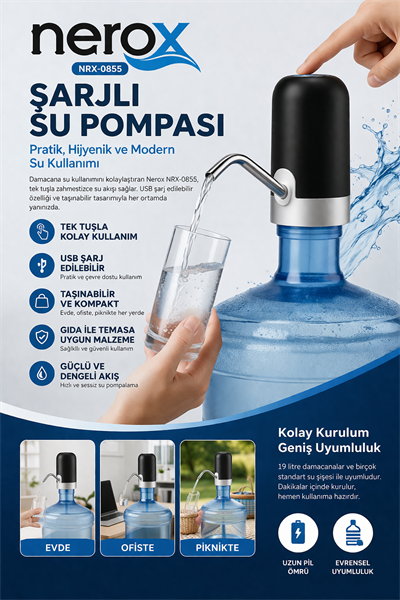 Nerox Şarjlı Su Pompası NRX-0855 USB Şarjlı Damacana Su Pompası Otomatik Su Sebili Aparatı