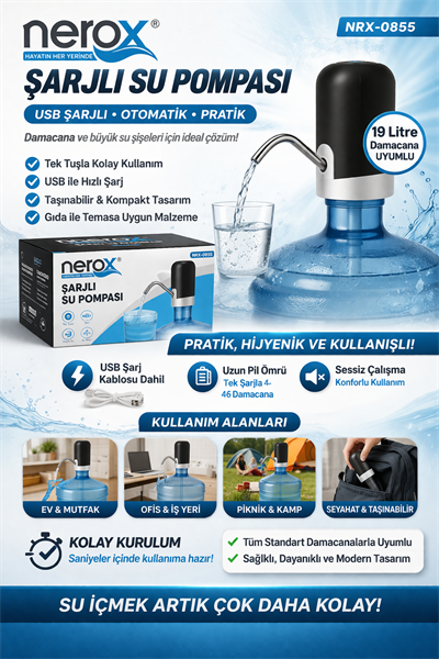 Nerox Şarjlı Su Pompası NRX-0855 USB Şarjlı Damacana Su Pompası Otomatik Su Sebili Aparatı