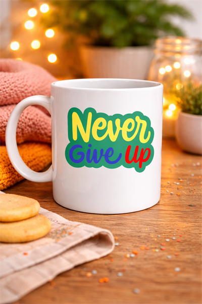 Never Give Up ASLA PES ETME Yazılı Porselen Kupa MODEL 145 – Motivasyon Temalı Renkli Tasarım – Kahve & Çay Kupası – Moral Veren Hediyelik Kupa