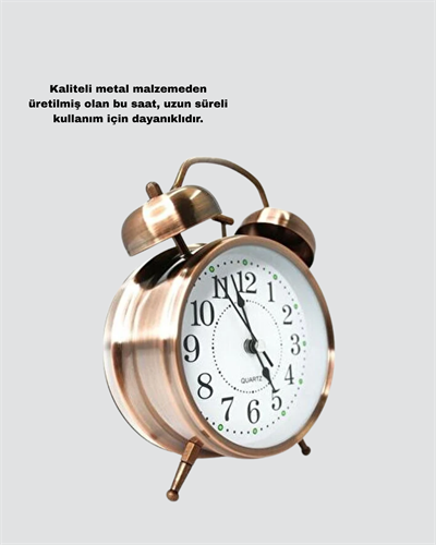 Nostaljik Büyük Boy Metal Masa Saati Bronz Kaplama ve Yüksek Sesli Alarm