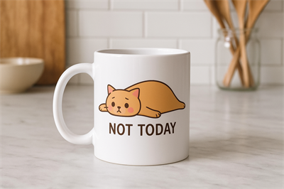 Not Today Yazılı Sevimli Kedi Tasarımlı Kupa Model 217 Baskılı Seramik Kahve Kupası