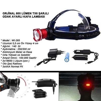 Orjinal 800 Lümen T6 Şarjlı Kafa Feneri Wt-265