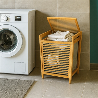 Orta Boy Ahşap Bambu Kirli Sepeti 40x35x60