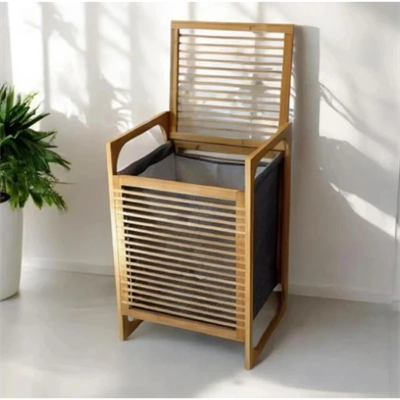 Orta Boy Ahşap Bambu Kirli Sepeti 40x35x60