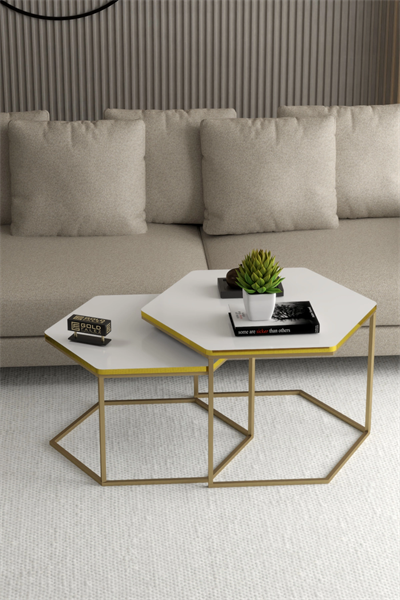 Orta Sehpa Altıgen İkili Lüx Gold Beyaz