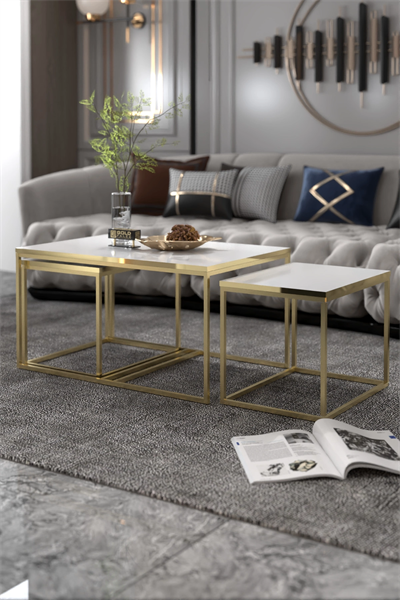 Orta Sehpa Ve Zigon Yan Sehpa Flora Set Gold Beyaz