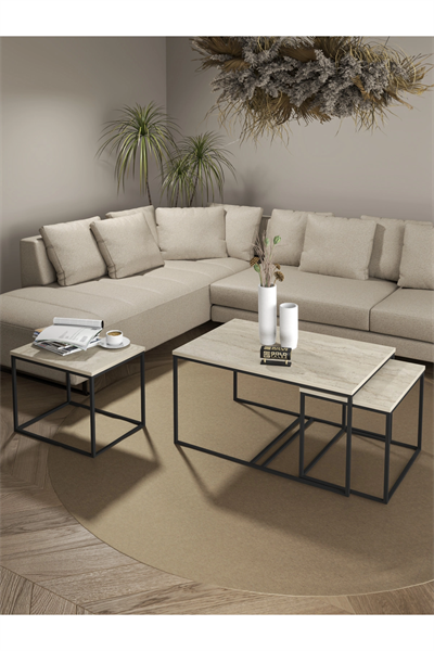 Orta Sehpa Ve Zigon Yan Sehpa Flora Set Traverten