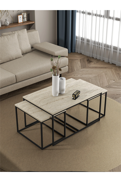 Orta Sehpa Ve Zigon Yan Sehpa Flora Set Traverten