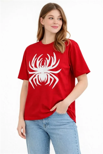 Örümcek Baskılı Tişört Kısa Kollu Bisiklet Yaka T-Shirt - Kırmızı