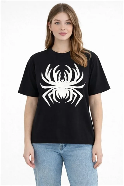 Örümcek Baskılı Tişört Kısa Kollu Bisiklet Yaka T-Shirt - Siyah