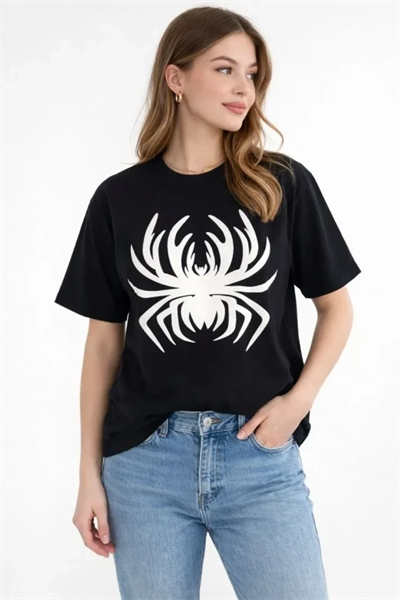 Örümcek Baskılı Tişört Kısa Kollu Bisiklet Yaka T-Shirt - Siyah
