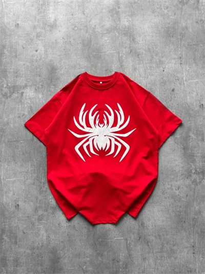 Örümcek Baskılı Tişört Kısa Kollu Bisiklet Yaka T-Shirt - Kırmızı