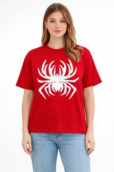 Örümcek Baskılı Tişört Kısa Kollu Bisiklet Yaka T-Shirt - Kırmızı