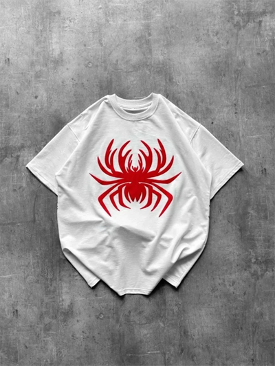 Örümcek Baskılı Tişört Kısa Kollu Bisiklet Yaka T-Shirt - Beyaz