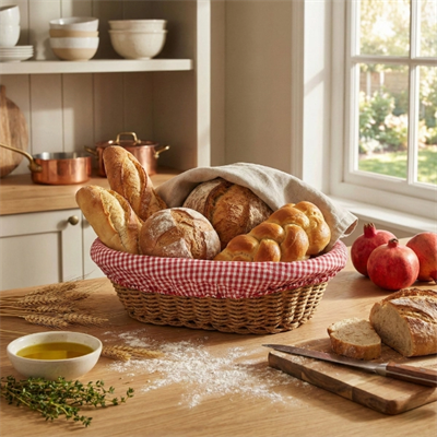 Oval Renkli Bezli İp Hasır Ekmek Sepeti