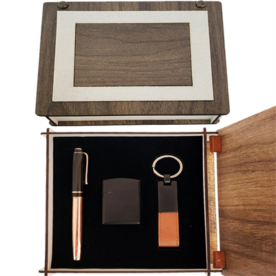 Özel Ahşap Kutulu Bakır Roller Kalem, Anahtarlık ve Çakmak Set