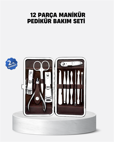 Özel Deri Çantalı 12 Parça Manikür Pedikür Bakım Seti Paslanmaz Çelik