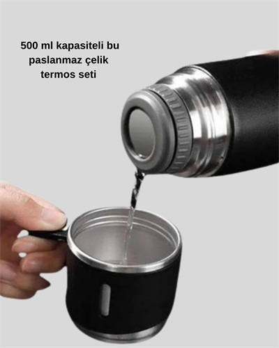 Paslanmaz Çelik 500 ml Termos Seti – 8 Saat Isı Koruma, Vakumlu, Sızdırmaz ve Taşınabilir