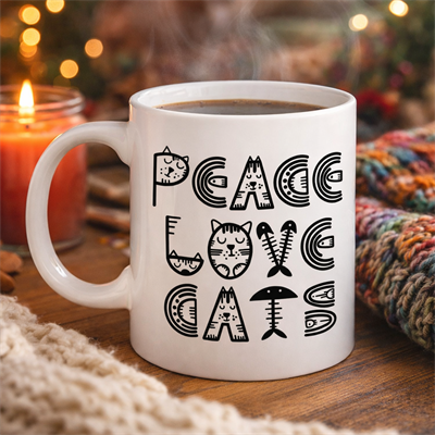 Peace Love Cats – Sevimli Kedi Desenli Porselen Kupa MODEL 60 Kahve & Çay Kupası