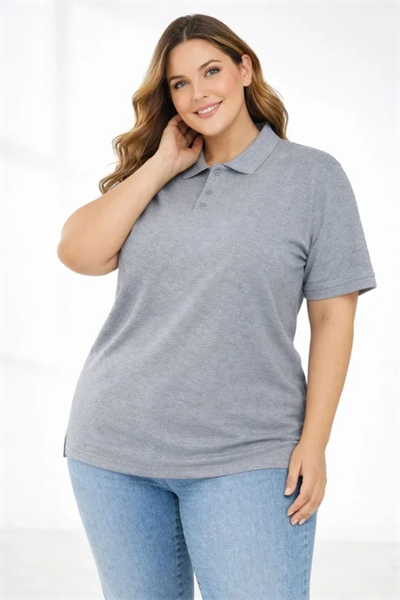 Pike Kumaş Düğmeli Yaka Battal Büyük Beden Günlük Kısa Kol Tişört T-shirt - Gri