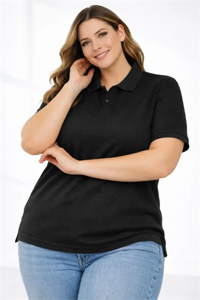 Pike Kumaş Düğmeli Yaka Battal Büyük Beden Günlük Kısa Kol Tişört T-shirt - Siyah