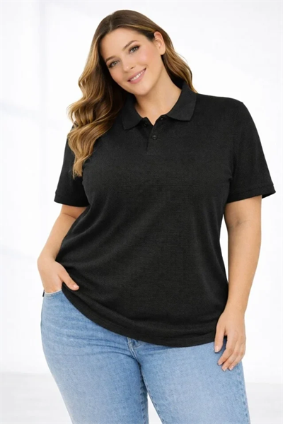 Pike Kumaş Düğmeli Yaka Battal Büyük Beden Günlük Kısa Kol Tişört T-shirt - Siyah