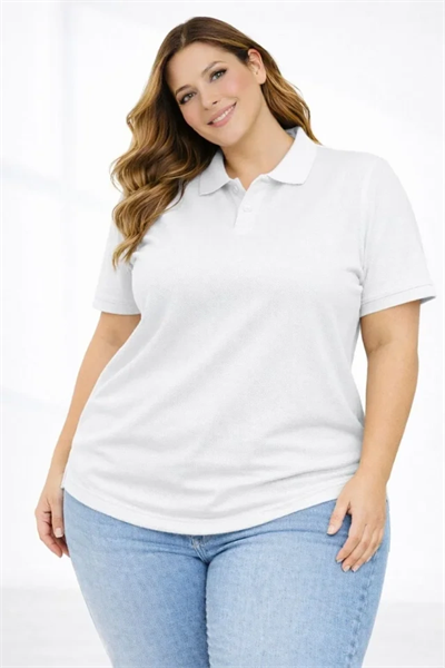Pike Kumaş Düğmeli Yaka Battal Büyük Beden Günlük Kısa Kol Tişört T-shirt - Beyaz