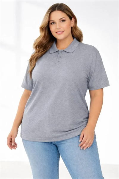 Pike Kumaş Düğmeli Yaka Battal Büyük Beden Günlük Kısa Kol Tişört T-shirt - Gri