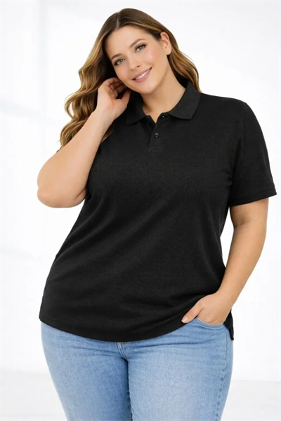 Pike Kumaş Düğmeli Yaka Battal Büyük Beden Günlük Kısa Kol Tişört T-shirt - Siyah