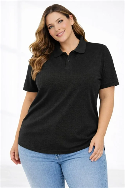 Pike Kumaş Düğmeli Yaka Battal Büyük Beden Günlük Kısa Kol Tişört T-shirt - Siyah
