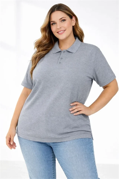 Pike Kumaş Düğmeli Yaka Battal Büyük Beden Günlük Kısa Kol Tişört T-shirt - Gri