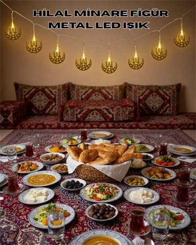 Pilli Minareli Hilal LED Işık Gold Metal Ramazan Dekorasyonu