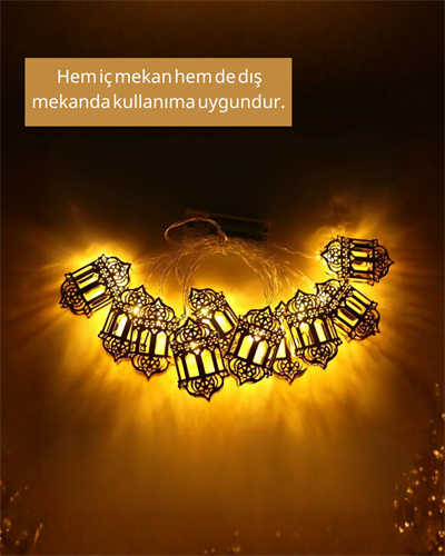Pilli Ramazan Işıkları Altın Renk Fener Figürlü LED Süsleme