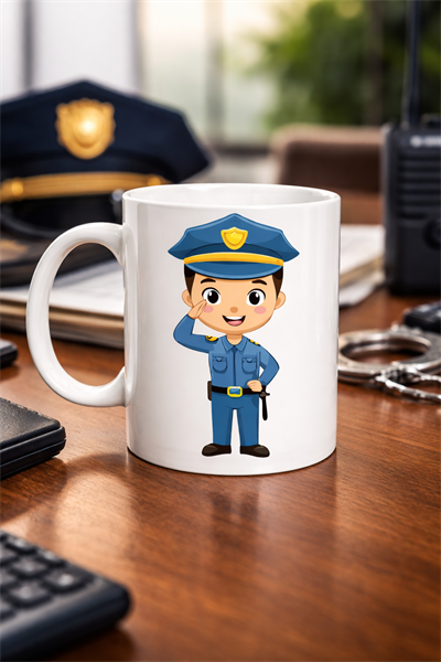 Polis Temalı Porselen Kupa MODEL 161 – Sevimli Polis Karakter Baskılı Kahve Kupası – Polis Meslek Hediyesi – Dayanıklı Porselen Kahve Bardak