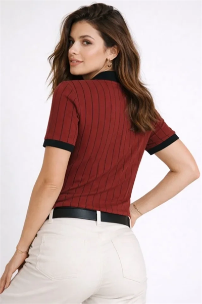 Polo Yaka Çizgili Tişört Kısa Kol Düğmeli Yazlık T-Shirt - Bordo