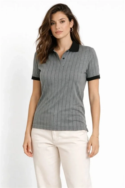 Polo Yaka Çizgili Tişört Kısa Kol Düğmeli Yazlık T-Shirt - Gri