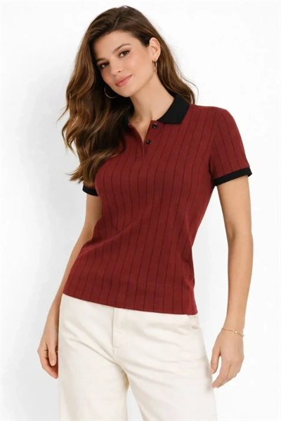 Polo Yaka Çizgili Tişört Kısa Kol Düğmeli Yazlık T-Shirt - Bordo