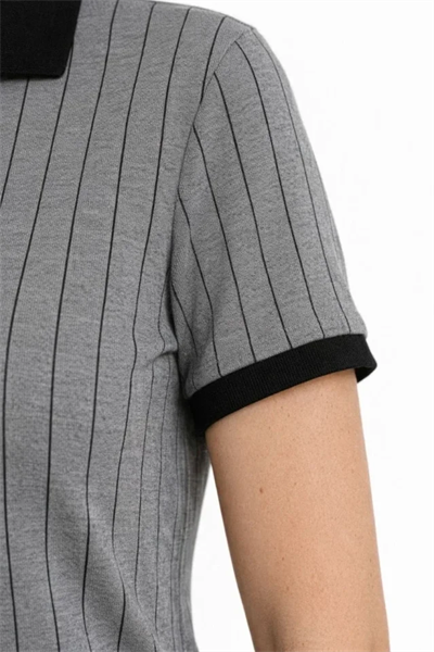 Polo Yaka Çizgili Tişört Kısa Kol Düğmeli Yazlık T-Shirt - Gri