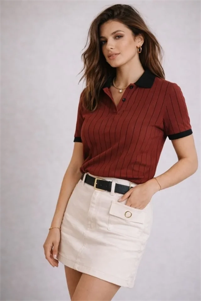 Polo Yaka Çizgili Tişört Kısa Kol Düğmeli Yazlık T-Shirt - Bordo