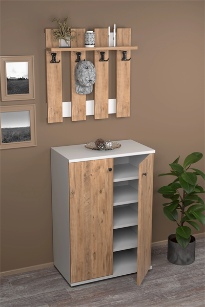 Portmanto Vestiyer 5 Raflı Ayakkabılık Ve Çit Duvar Askılık Set Çam-Beyaz