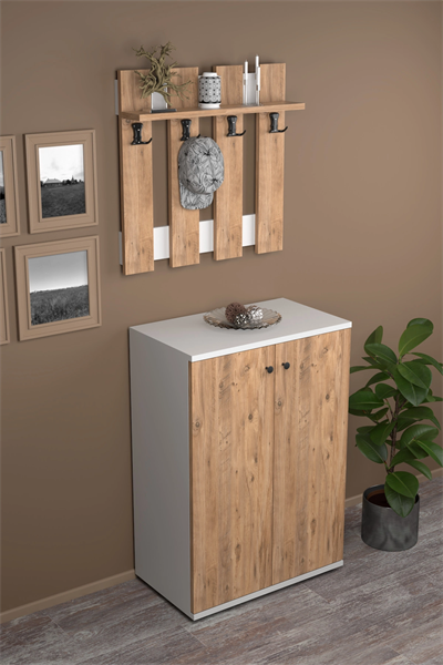 Portmanto Vestiyer 5 Raflı Ayakkabılık Ve Çit Duvar Askılık Set Çam-Beyaz