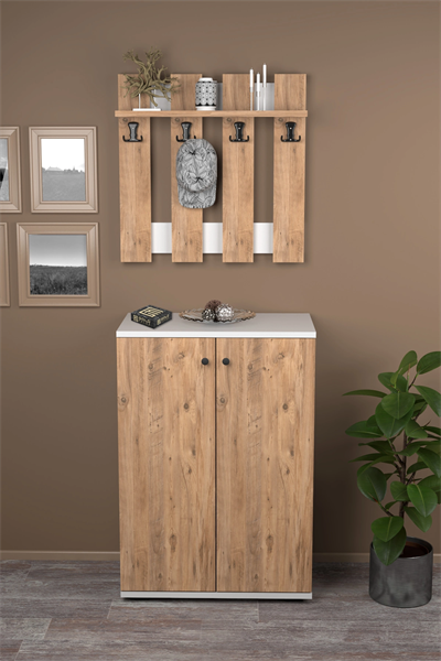 Portmanto Vestiyer 5 Raflı Ayakkabılık Ve Çit Duvar Askılık Set Çam-Beyaz